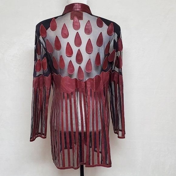 VINTAGE Stillman Studio Cognac Lamb Leather Teardrop Stripe Mesh Mini Dress Med - Picture 9 of 13